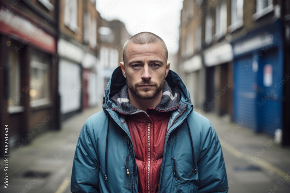 Portrait of a handsome young man in a blue jacket with a hood Portrait of a handsome young man in a blue jacket with a hood
