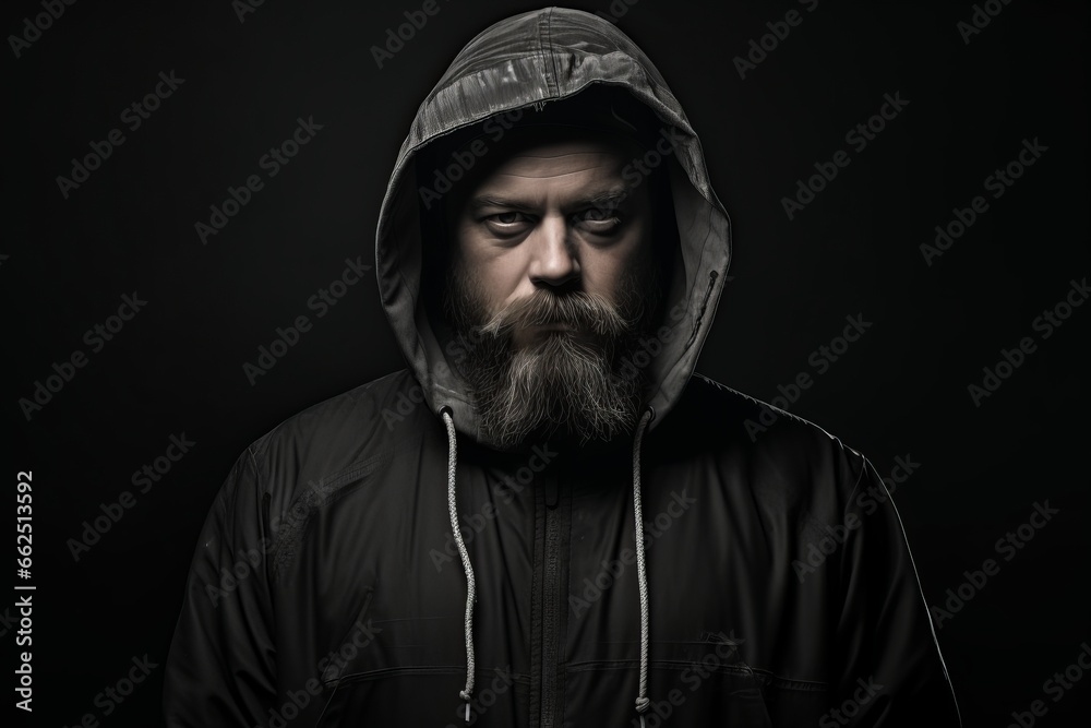 Studio portrait of an adult man with a long beard and a mustache in a black jacket with hood on a dark background
