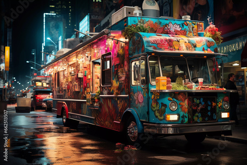 Vibrant Food Truck Illuminating the Night in City Streets..
