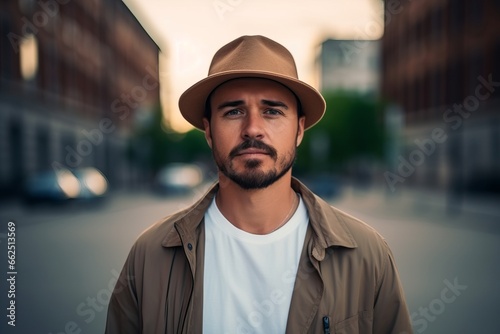 Portrait of a young man in a hat on the street.