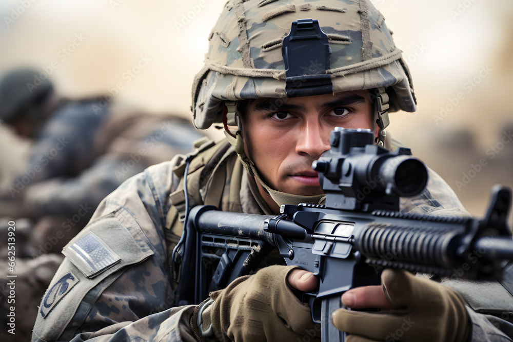 Close up portrait of a young soldier face