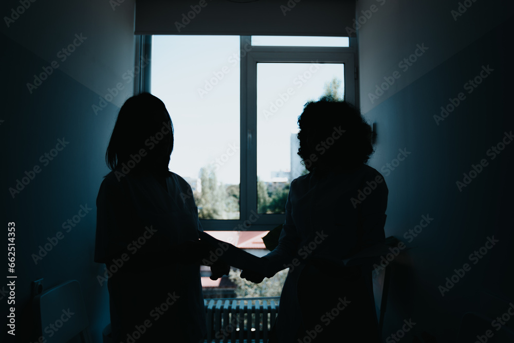 In a healthcare workplace, professionals collaborate to discuss patients results, provide medical consulting, and plan therapy. Silhouette photo.