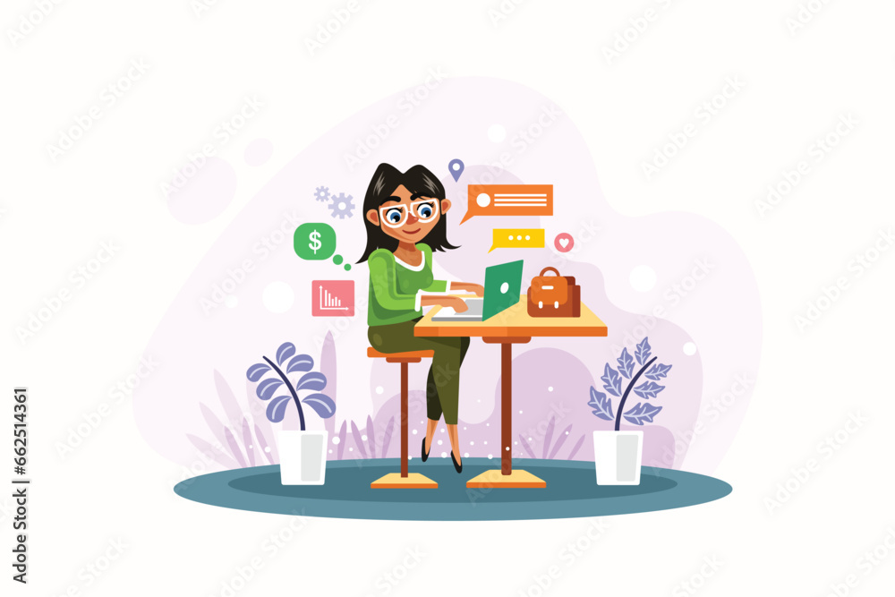 Woman is Working with Laptop Vector Illustration