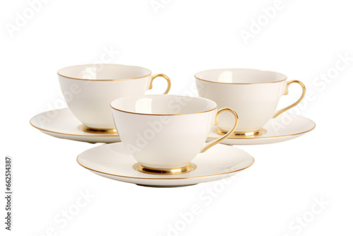 Three ceramic teacups on transparent white background
