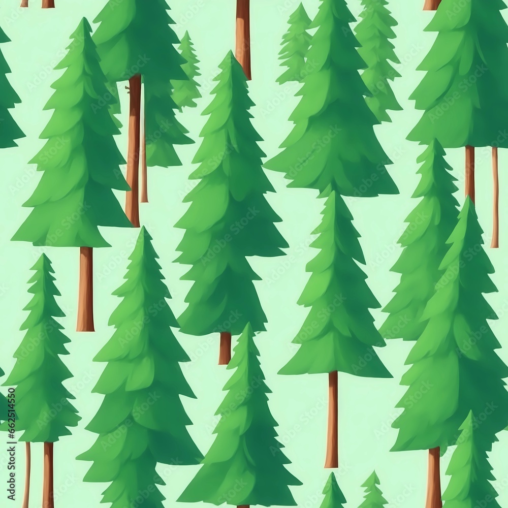 Seamless Pattern. Cartoon Pine Trees Seamless Pattern. For Textile, Fabric, And Design. Pine Trees Background