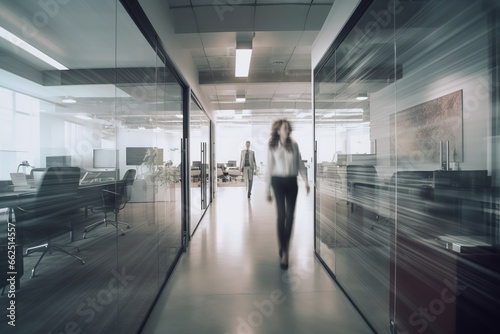 An office with people walking in the style of blurred motion