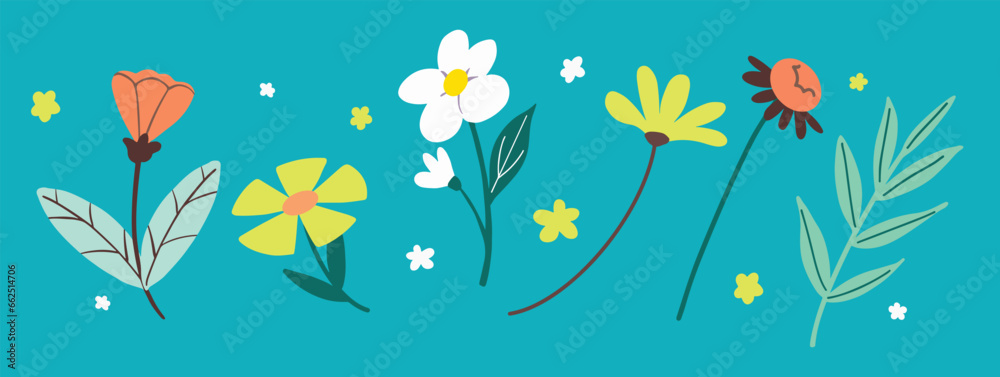 Simple flower illustration on a blue background. Set of summer flowers on blue wallpaper. Simple flat modern drawing. Vector illustration.