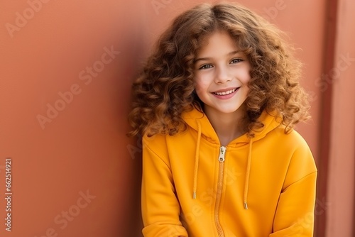 Portrait of a cute little girl with curly hair wearing yellow hoodie