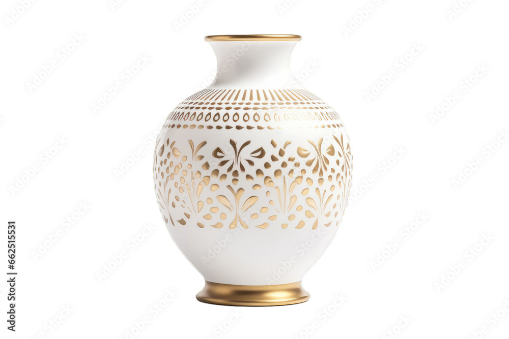 Stamped ceramic vase on transparent white background