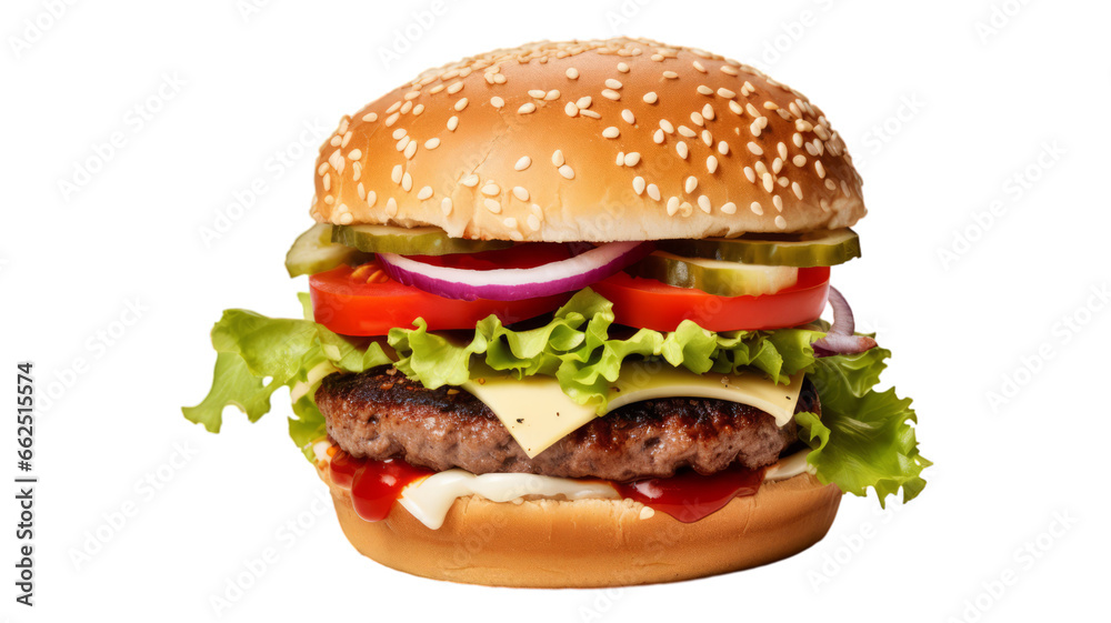 A delicious beef burger on a transparent white background A delicious beef burger on a transparent white background
