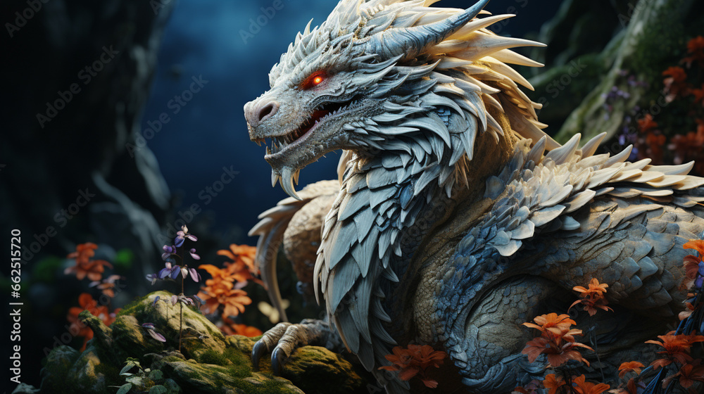 white dragon with glowing eyes sitting on the rock, on fantasy colorful forest. Generative AI white dragon with glowing eyes sitting on the rock, on fantasy colorful forest. Generative AI