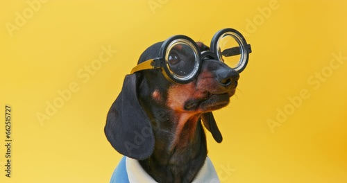 Dog, dachshund nerd student with poor eyesight in round glasses looks attentively, barks stubbornly, persistently proves that he is right Myopia in first grader, child with astigmatism Children optics photo