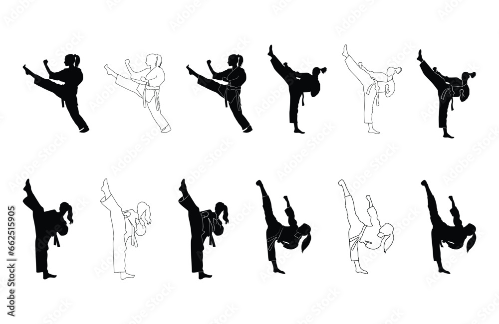 set women karate silhouette vector. Boxing and competition silhouettes vector image,