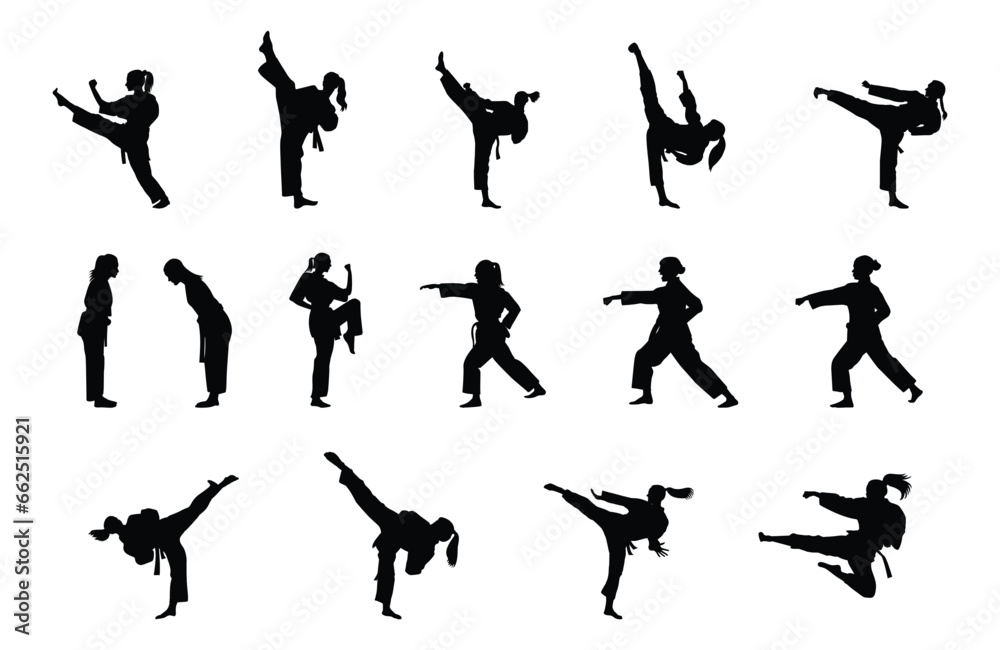 set of women karate silhouette vector. Boxing and competition silhouettes vector image, Boxing black white elements set with fighter sports clothing isolated,
