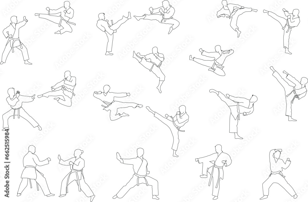 line art set of men karate silhouette vector. Boxing and competition silhouettes vector image, Boxing black white elements set with fighter sports clothing isolated,