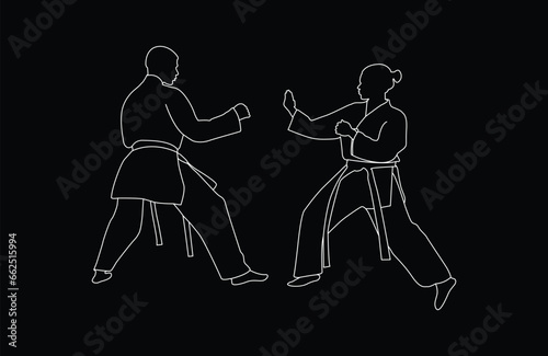 line art man and woman karate silhouette vector. Boxing and competition silhouettes vector image, black background.