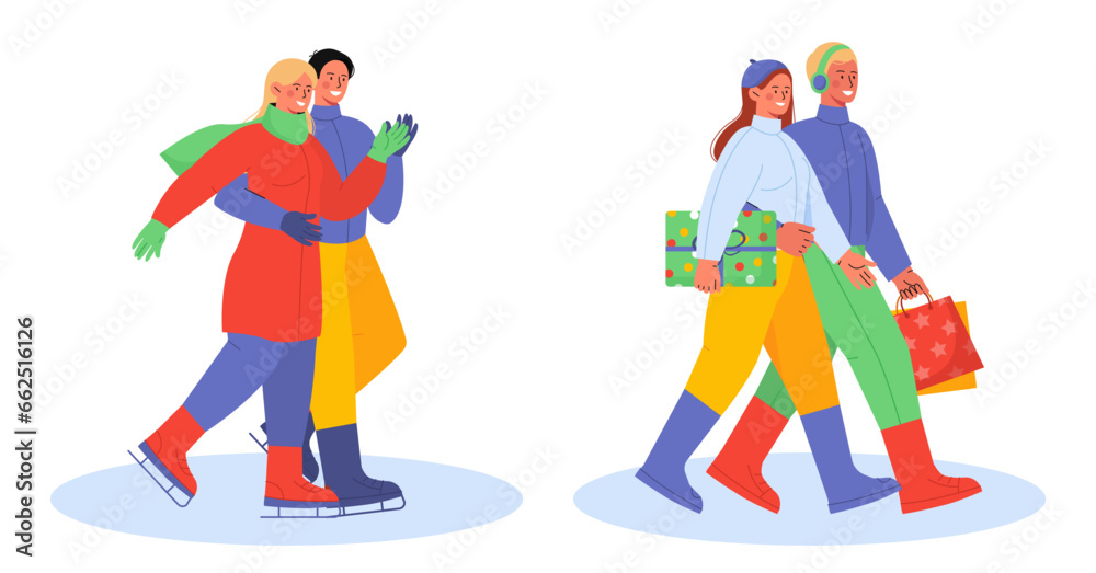 Couples at winter scenes vector set Couples at winter scenes vector set