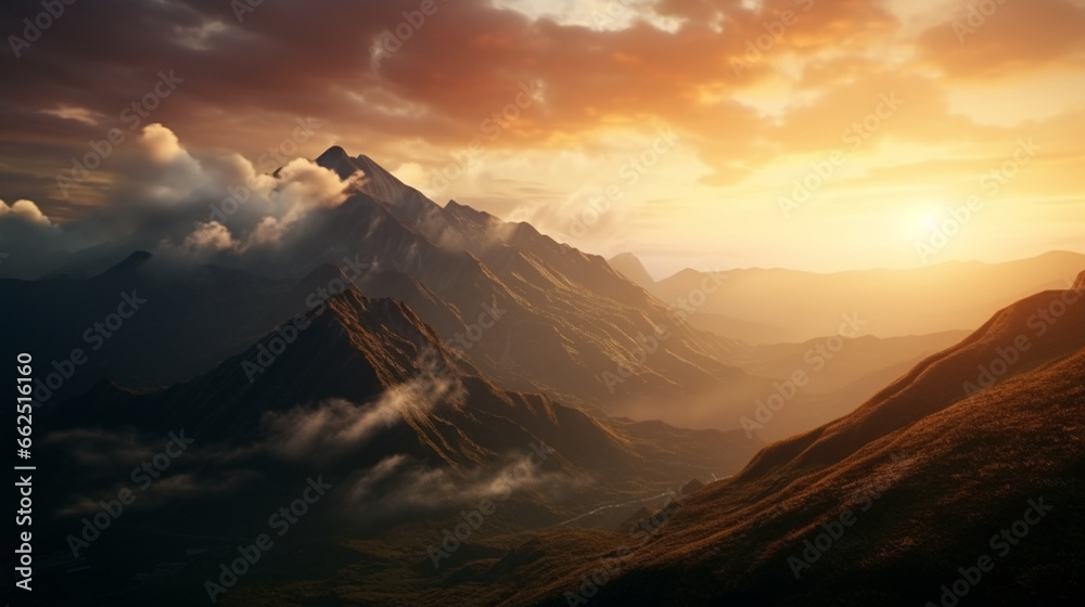 the sun rising behind a mountain. Generative AI