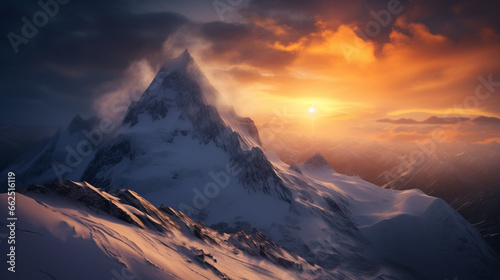 award winning photography, sunrise behind the snowy mountain. Generative AI