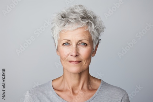Portrait of a beautiful senior woman with grey hair, isolated on grey background