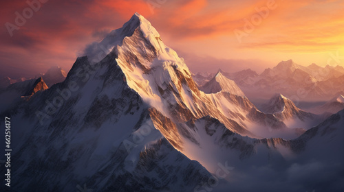 award winning photography, sunrise behind the snowy mountain. Generative AI