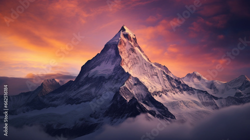 award winning photography  sunrise behind the snowy mountain. Generative AI