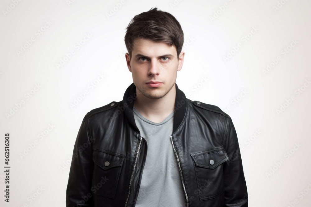 portrait of a young man in a leather jacket on a light background portrait of a young man in a leather jacket on a light background