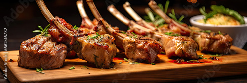 Grilled Lamb Chops on the wooden table in the restaurant.