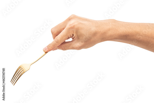isolated of a man's hand holding a golden steel fork.