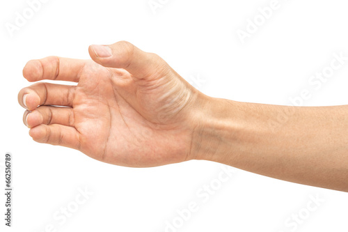 isolated of male hand holding something like a bottle or can. photo