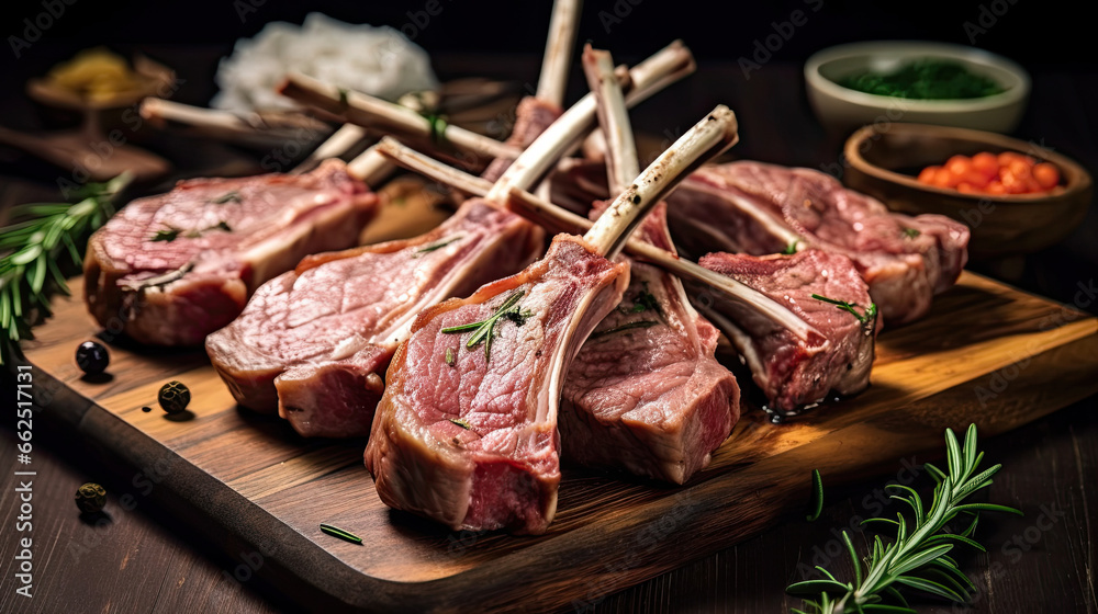 Raw racks of lamb  with rosemary freshly cooked on the wooden table in the restaurant. - obrazy, fototapety, plakaty 