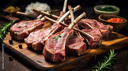 Fotografiet Raw racks of lamb  with rosemary freshly cooked on the wooden table in the restaurant