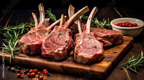 Raw racks of lamb  with rosemary freshly cooked on the wooden table in the restaurant. photo