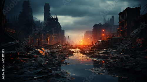 A post-apocalyptic ruined city. Destroyed buildings, burnt-out vehicles and ruined roads. Generative AI