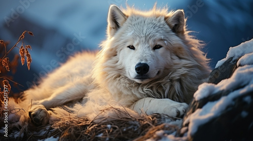 Arctic wolf sleeps at night on a hill in the moonlight, white wolf. Generative AI