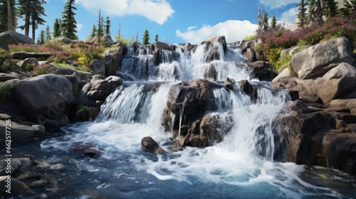 Rock hills with waterfall meadows and blue sky UHD wallpaper Stock Photographic Image