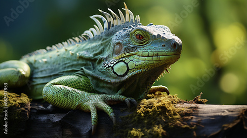 Beautiful Green Iguana with natural background on the park. Generative AI © Fuji