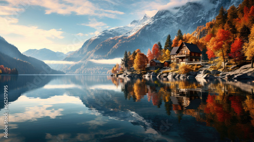 A house by the lake in the mountains in autumn