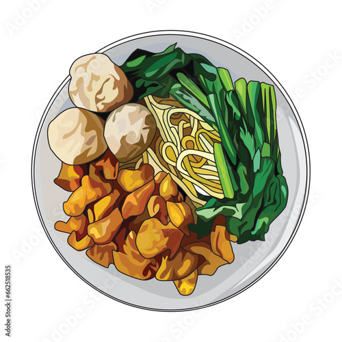Mie ayam bakso or noodle and meatball is Indonesian food in vector illustration, suitable for sticker and graphic design elements