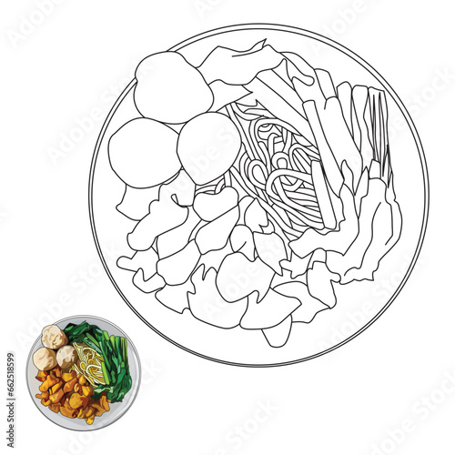 Mie ayam bakso or noodle and meatball is Indonesian food in vector illustration outline, suitable for coloring book and graphic design elements