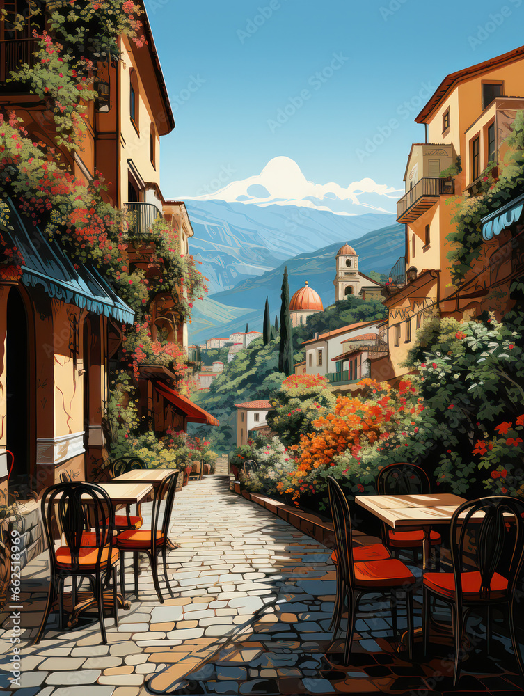 Obraz premium Vector Illustration of a cozy coastal Mediterranian Town, Generative AI