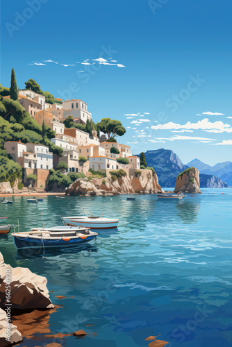 Vector Illustration of a cozy coastal Mediterranian Town, Generative AI