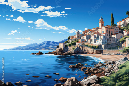 Vector Illustration of a cozy coastal Mediterranian Town  Generative AI