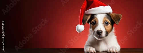 White and brown puppy with santa hat. Web banner with copy space © Алина Бузунова