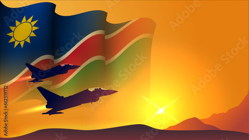 fighter jet plane with namibia waving flag background design with sunset view suitable for national namibia air forces day event