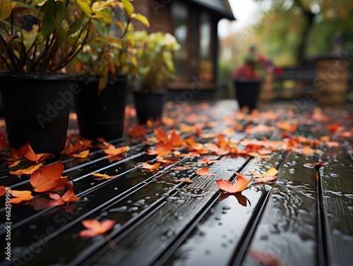 Fallen leaves on a wooden bench in a garden in autumn.