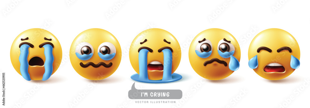 Emoji crying emoticon characters vector set. Emojis emoticons in sad face, cry, eye tears, happy and disappointed facial expression 3d graphic elements collection. Vector illustration emojis crying  - obrazy, fototapety, plakaty 