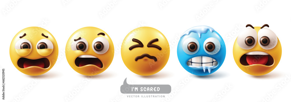 Emoji scared emoticon characters set. Emojis emoticons in afraid, frightened, shocked, frozen, worried and afraid facial expression character elements collection. Vector illustration emojis scared 