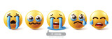 Emoji crying emoticon characters vector set. Emojis emoticons in sad face, cry, eye tears, happy and disappointed facial expression 3d graphic elements collection. Vector illustration emojis crying 