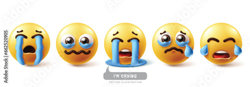 Emoji crying emoticon characters vector set. Emojis emoticons in sad face, cry, eye tears, happy and disappointed facial expression 3d graphic elements collection. Vector illustration emojis crying 